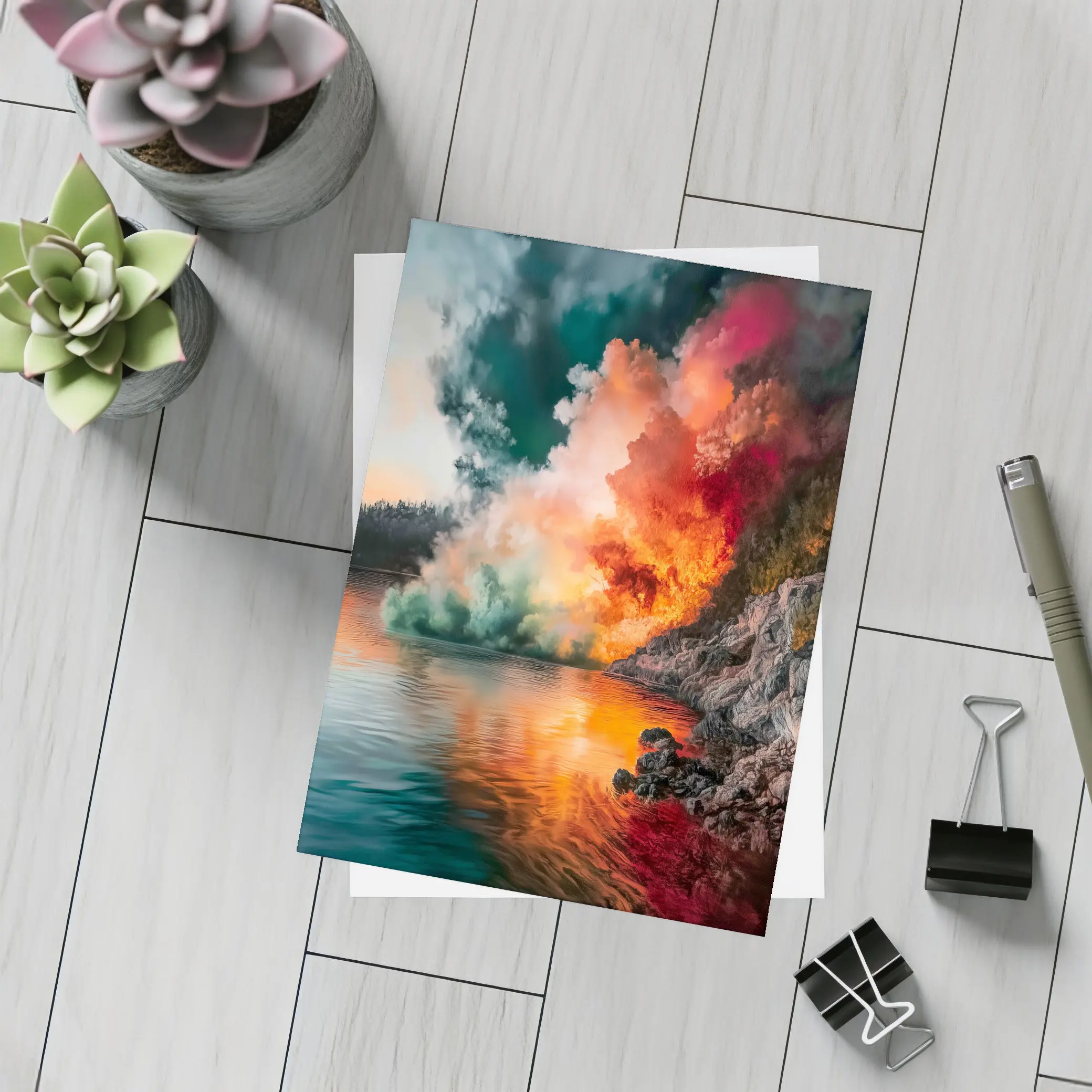 Colorful Smoke Explosion Over Rocky Lake – Postcards
