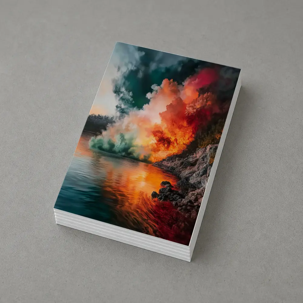 Colorful Smoke Explosion Over Rocky Lake – Postcards