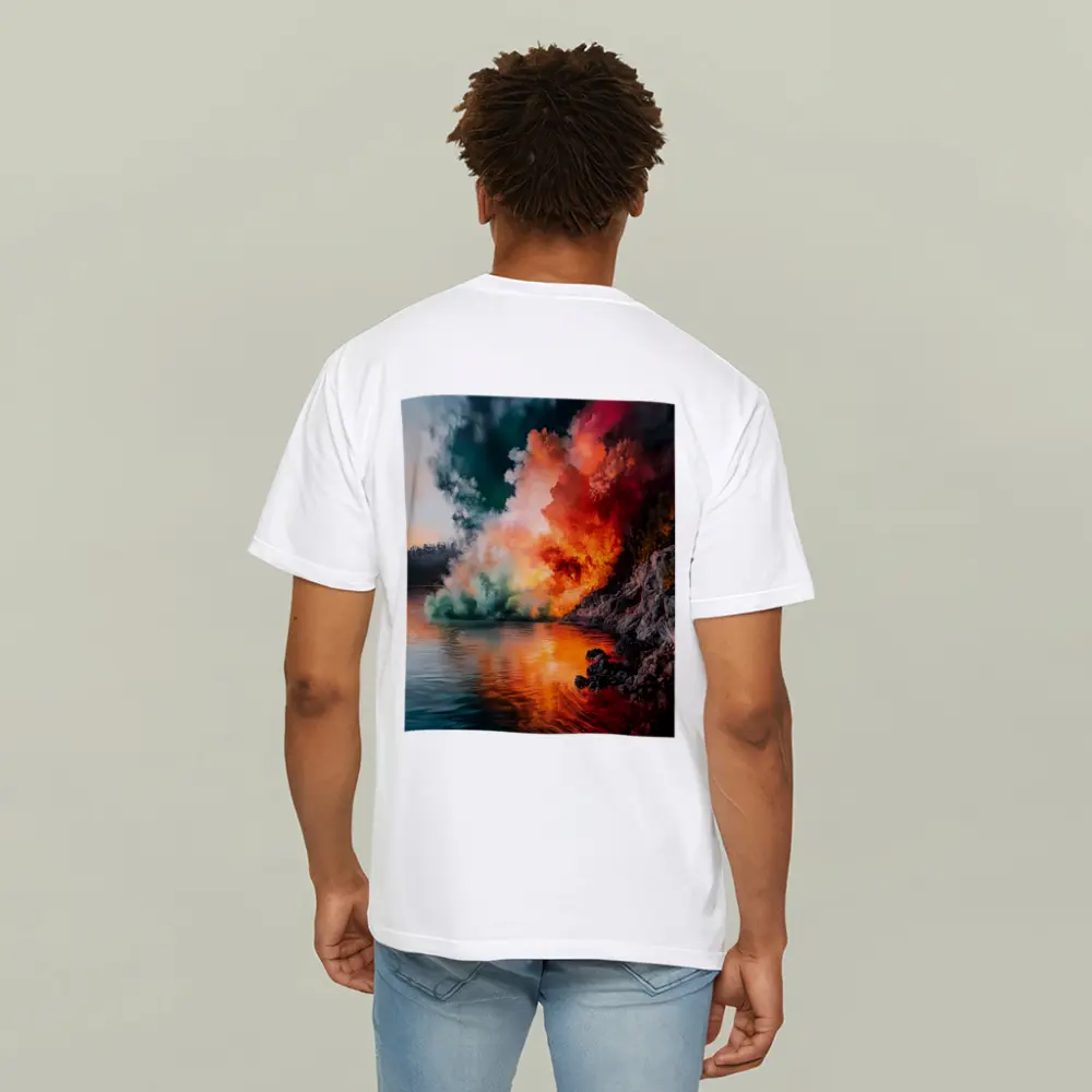 Colorful Smoke Explosion Over Rocky Lake – T-Shirts