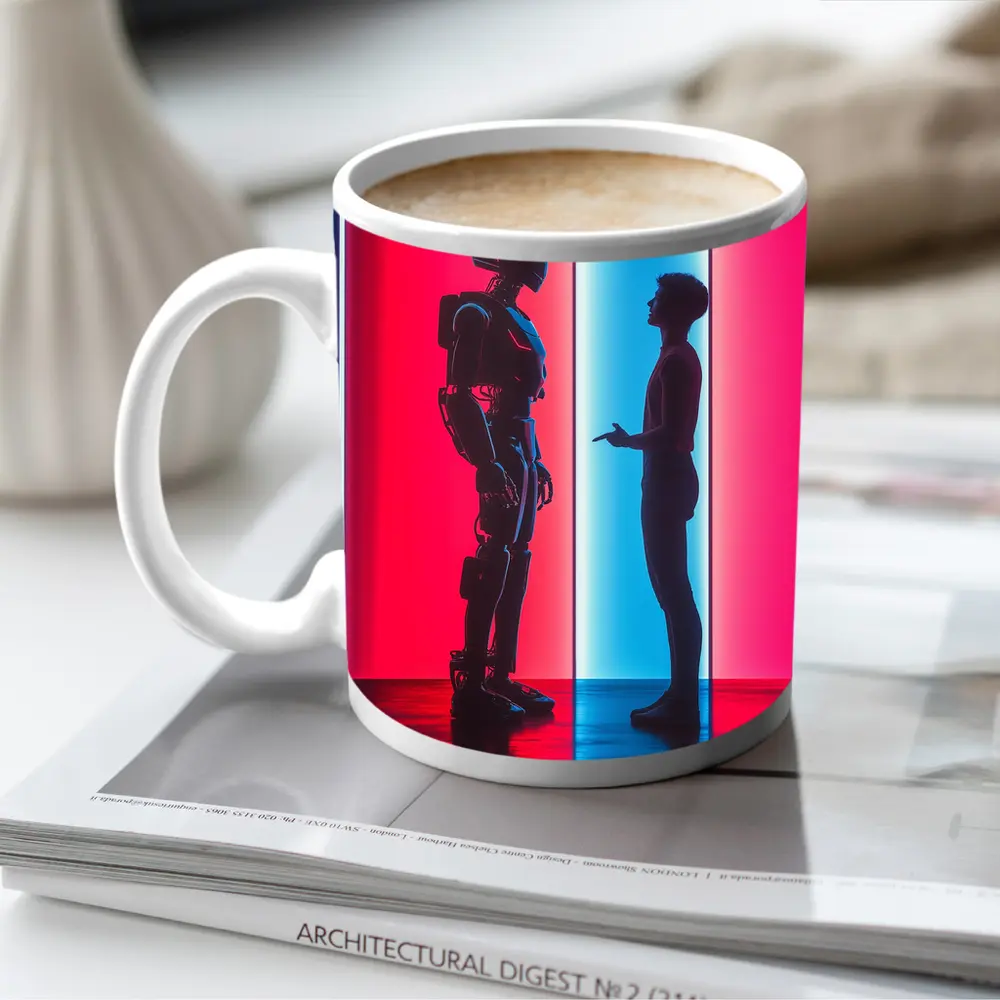 Robot and Human Silhouette Neon Light – Mugs