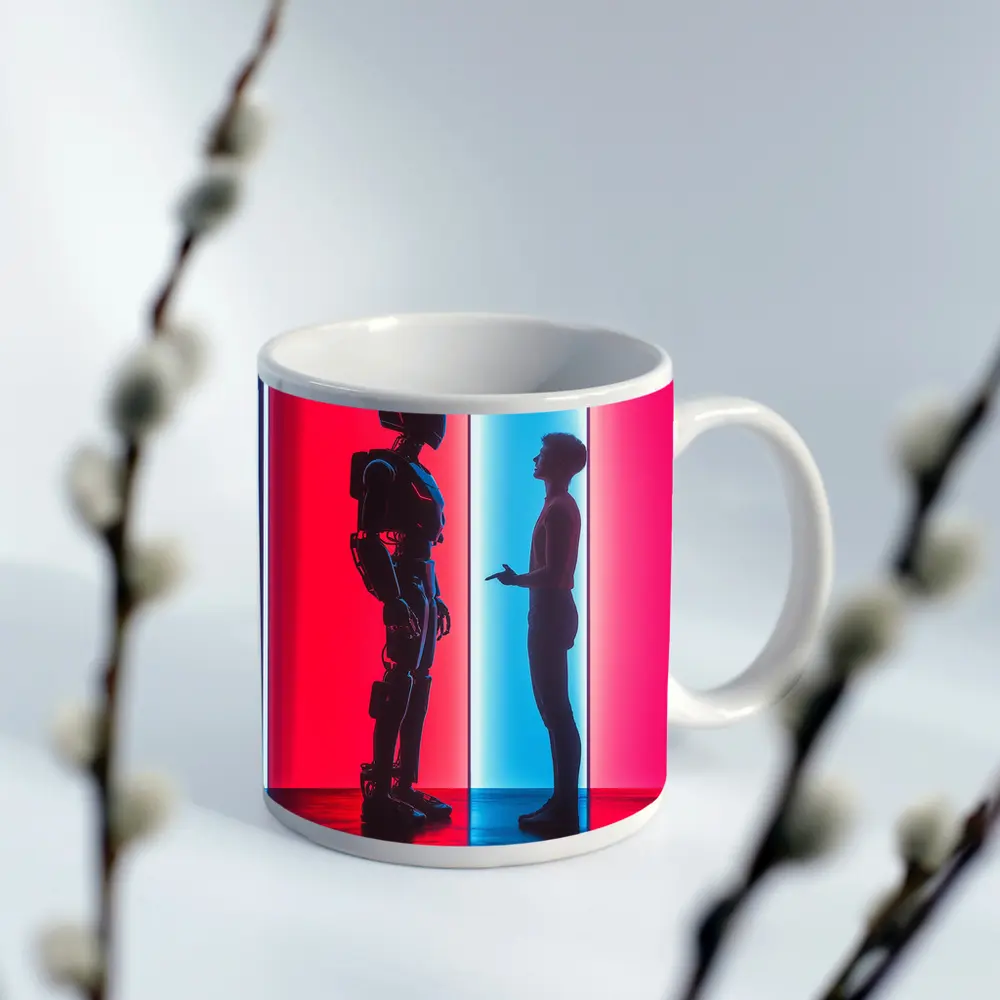 Robot and Human Silhouette Neon Light – Mugs