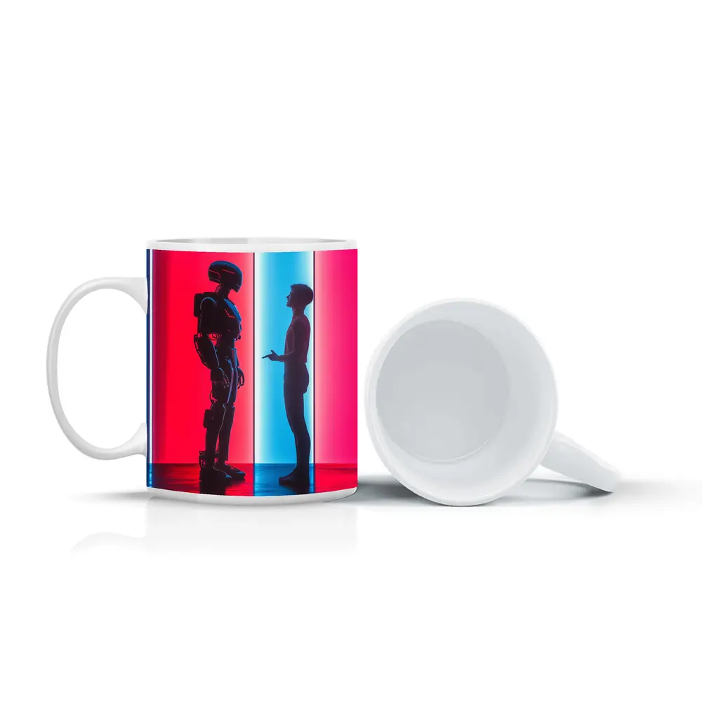 Robot and Human Silhouette Neon Light – Mugs