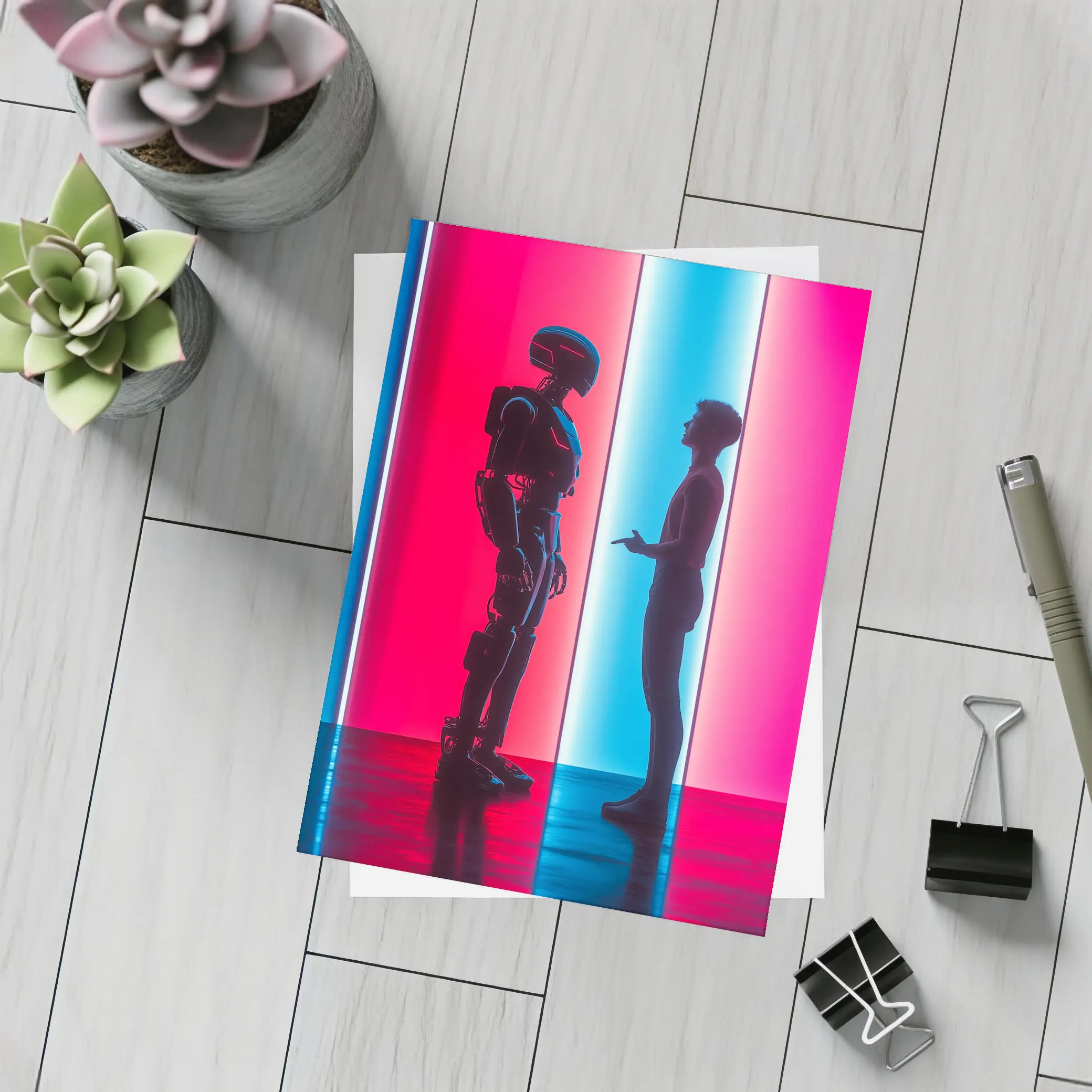 Robot and Human Silhouette Neon Light – Postcards