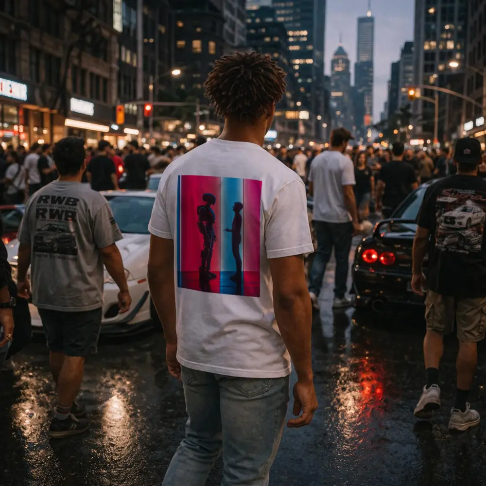 Robot and Human Silhouette Neon Light – T-Shirts