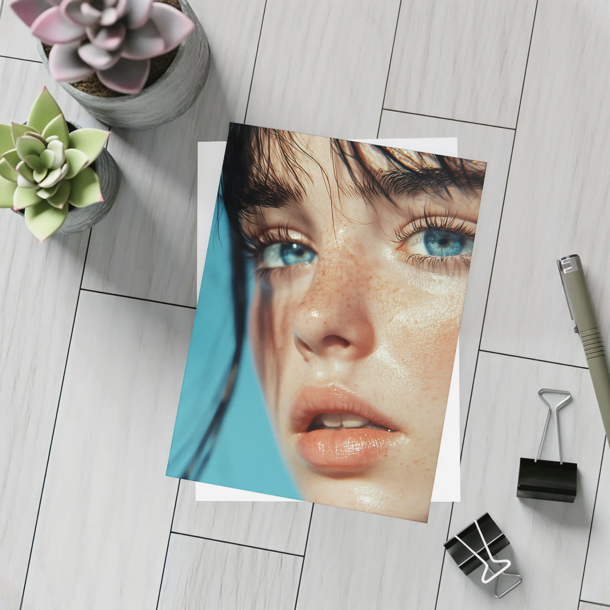 Blue Eyed Woman Close Up Portrait – Postcards