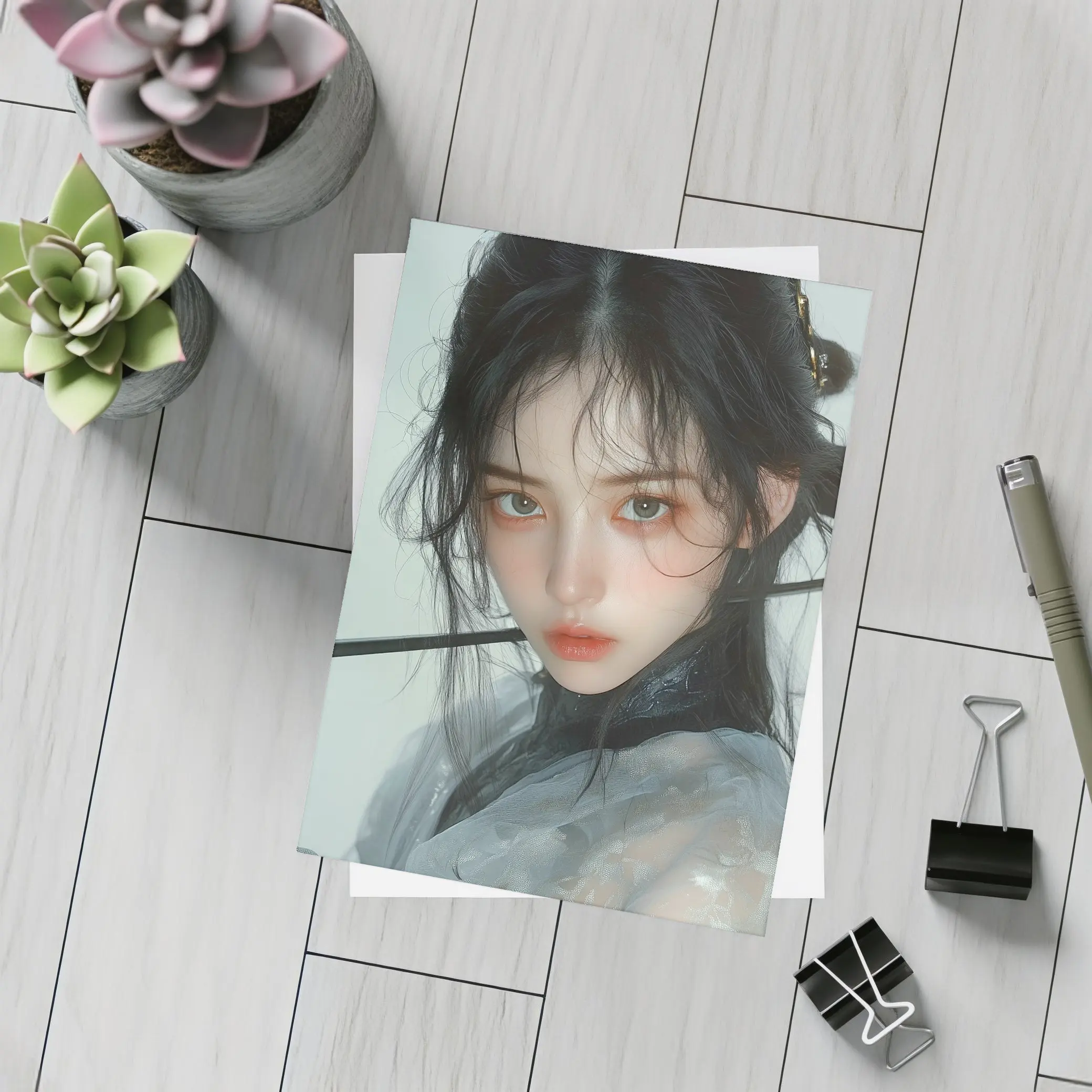 Asian Fantasy Girl Dark Hair White Background – Postcards
