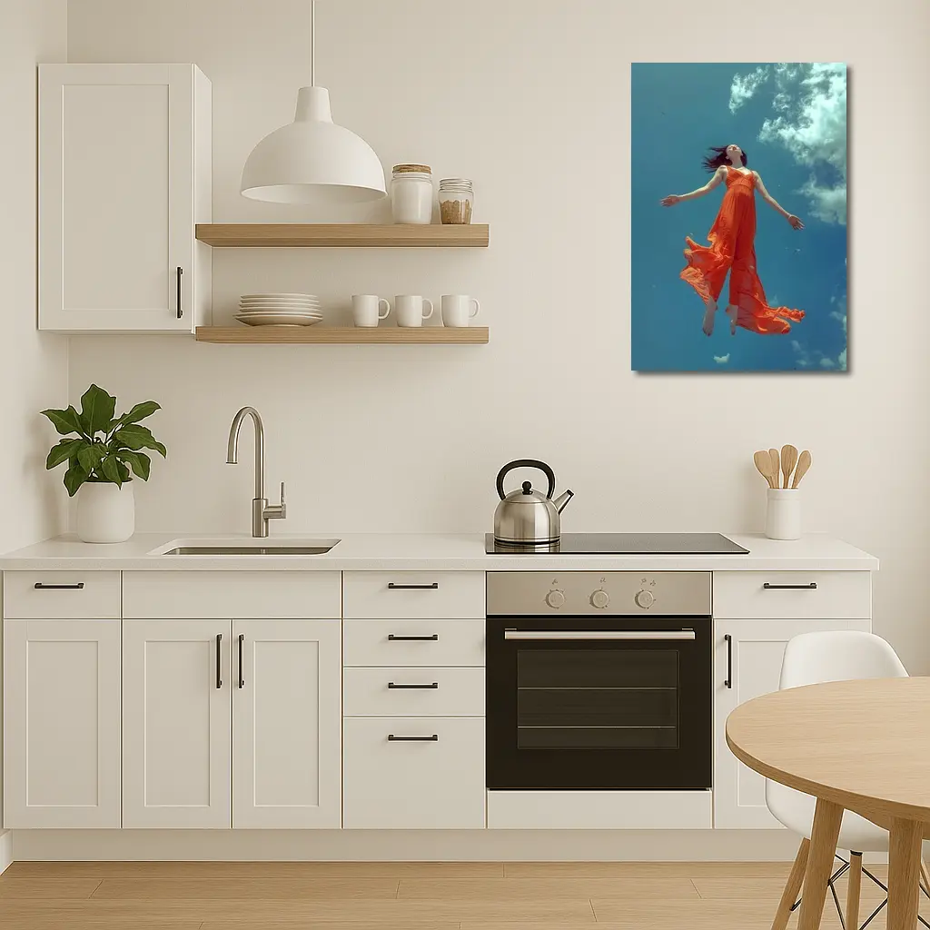 Woman Floating in Blue Sky Orange Dress – Wall Art