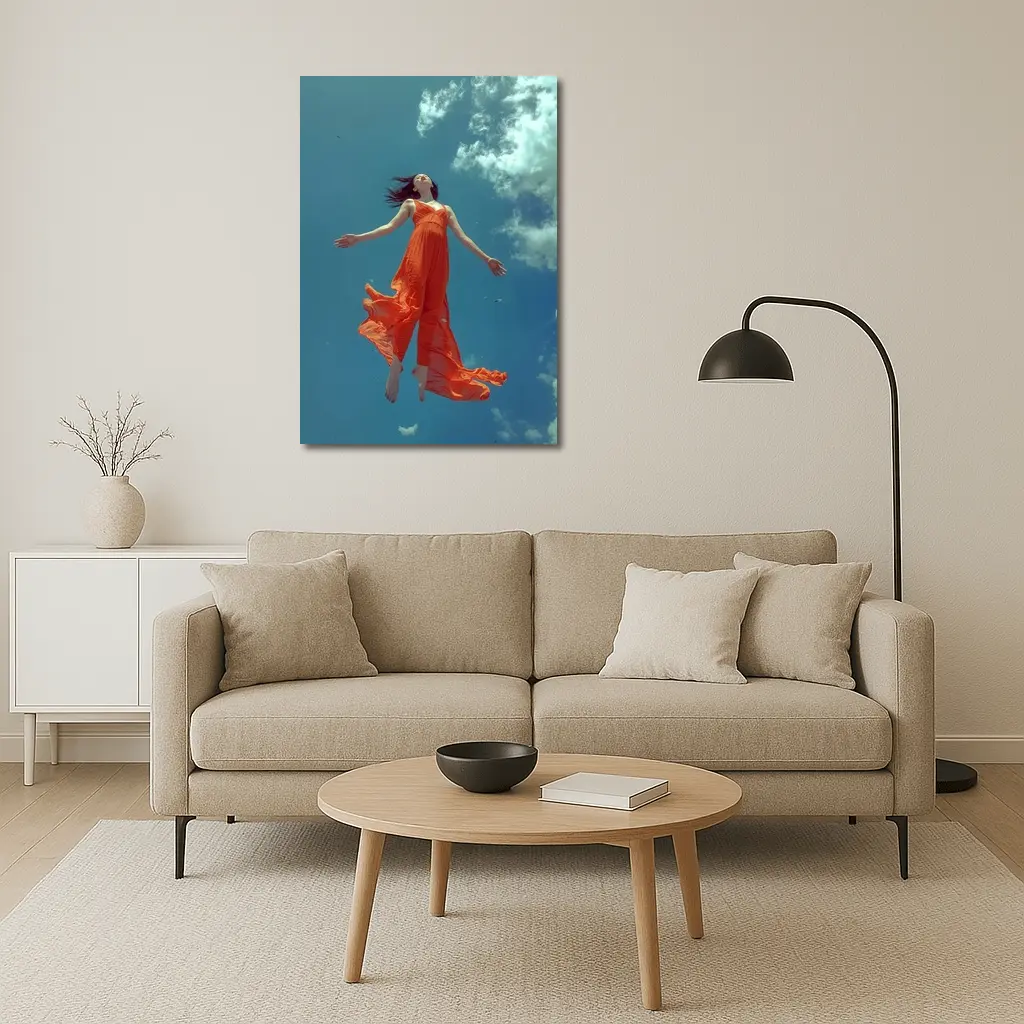 Woman Floating in Blue Sky Orange Dress – Wall Art