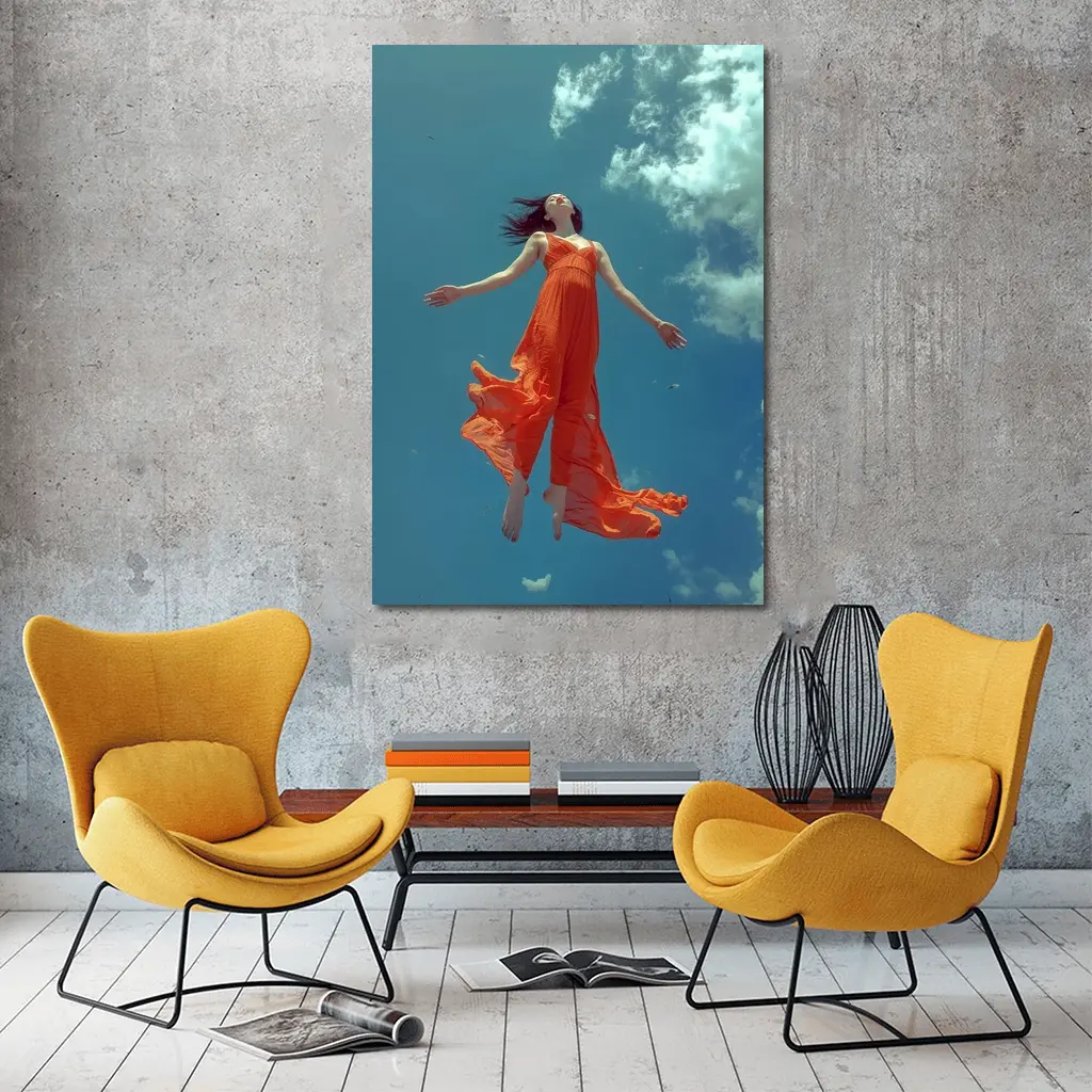 Woman Floating in Blue Sky Orange Dress – Wall Art