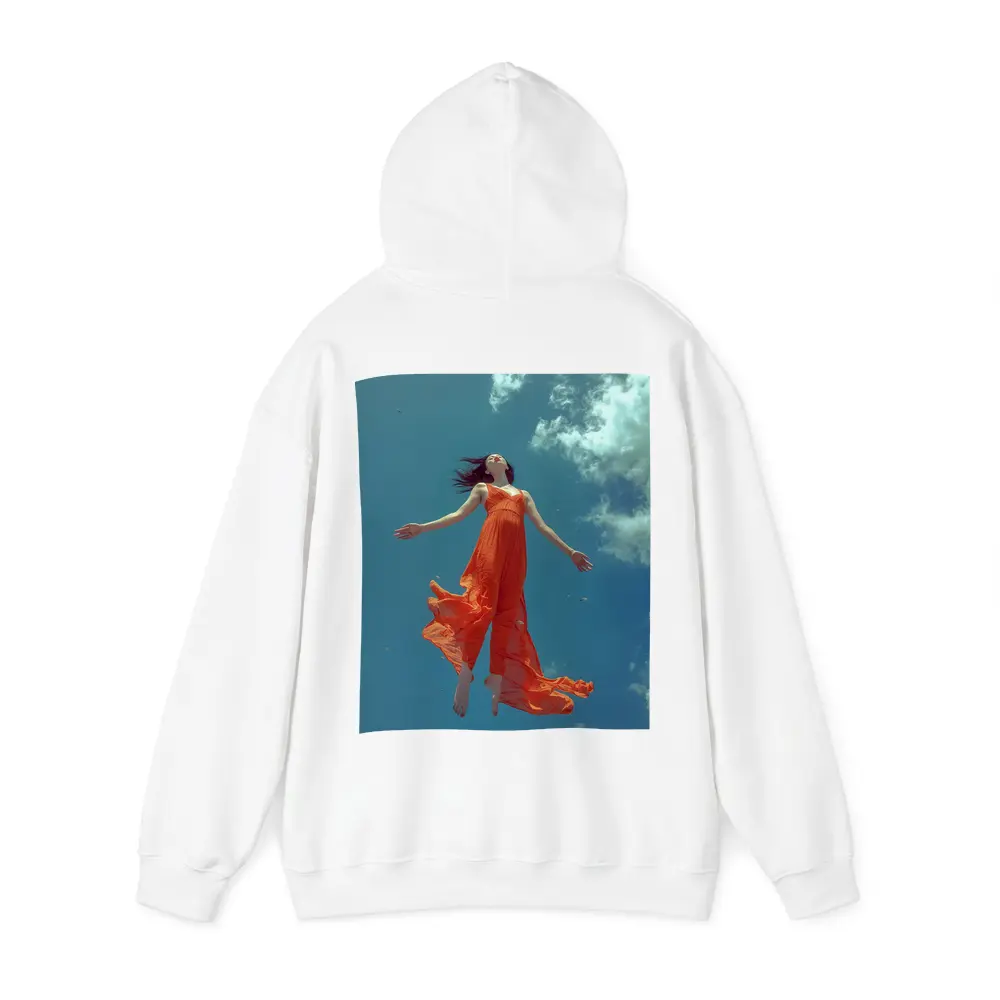 Woman Floating in Blue Sky Orange Dress – Hoodies