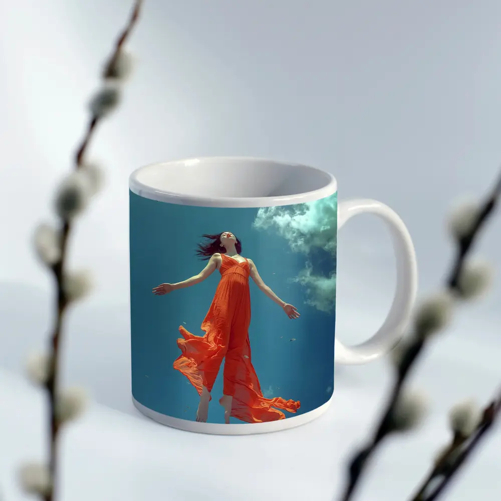 Woman Floating in Blue Sky Orange Dress – Mugs