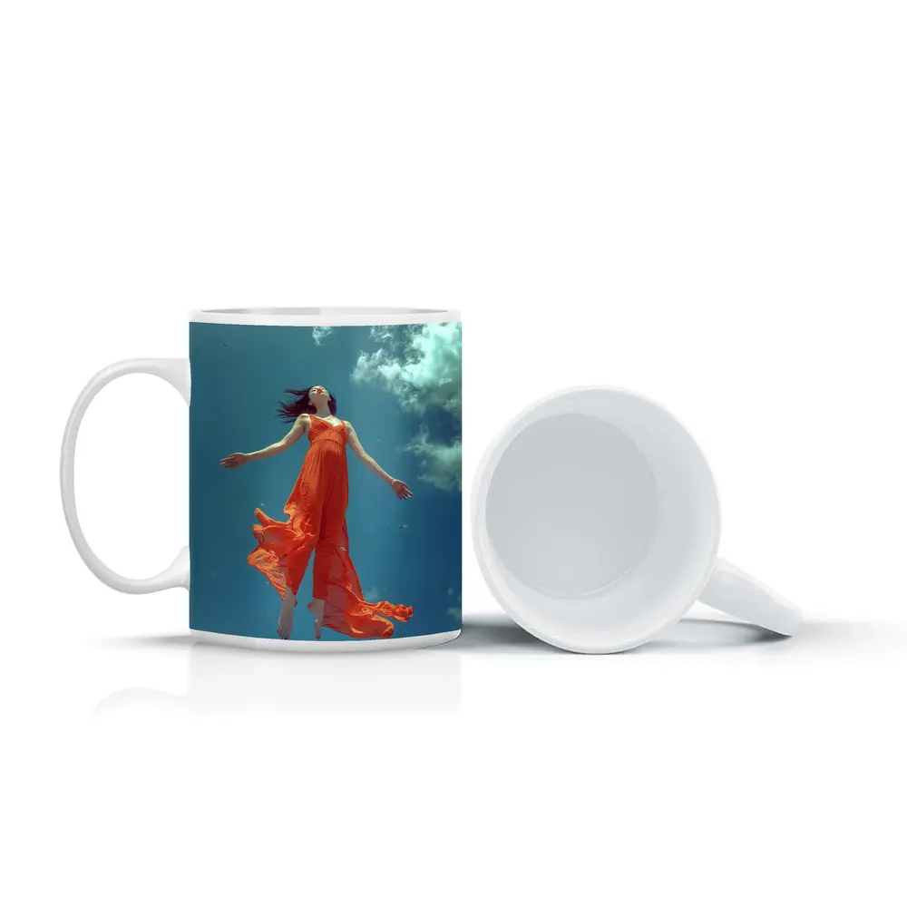 Woman Floating in Blue Sky Orange Dress – Mugs