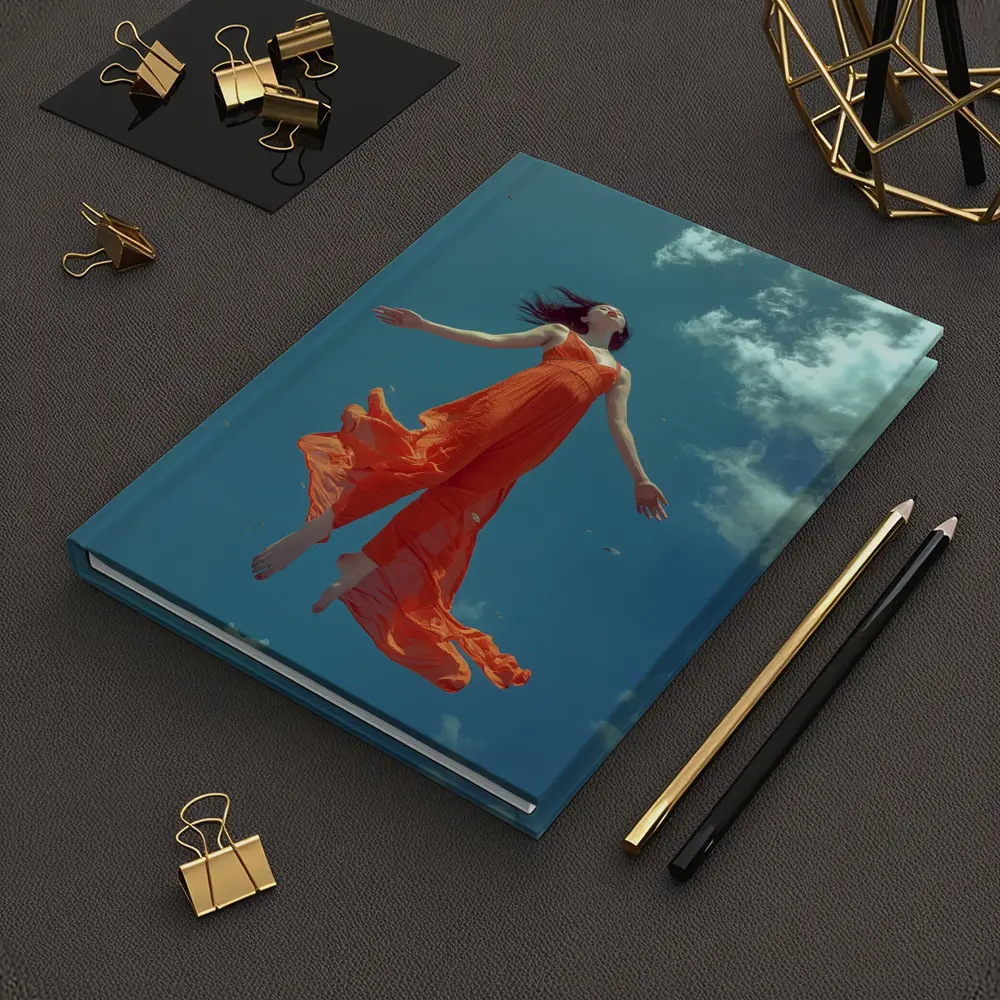 Woman Floating in Blue Sky Orange Dress – Notebooks