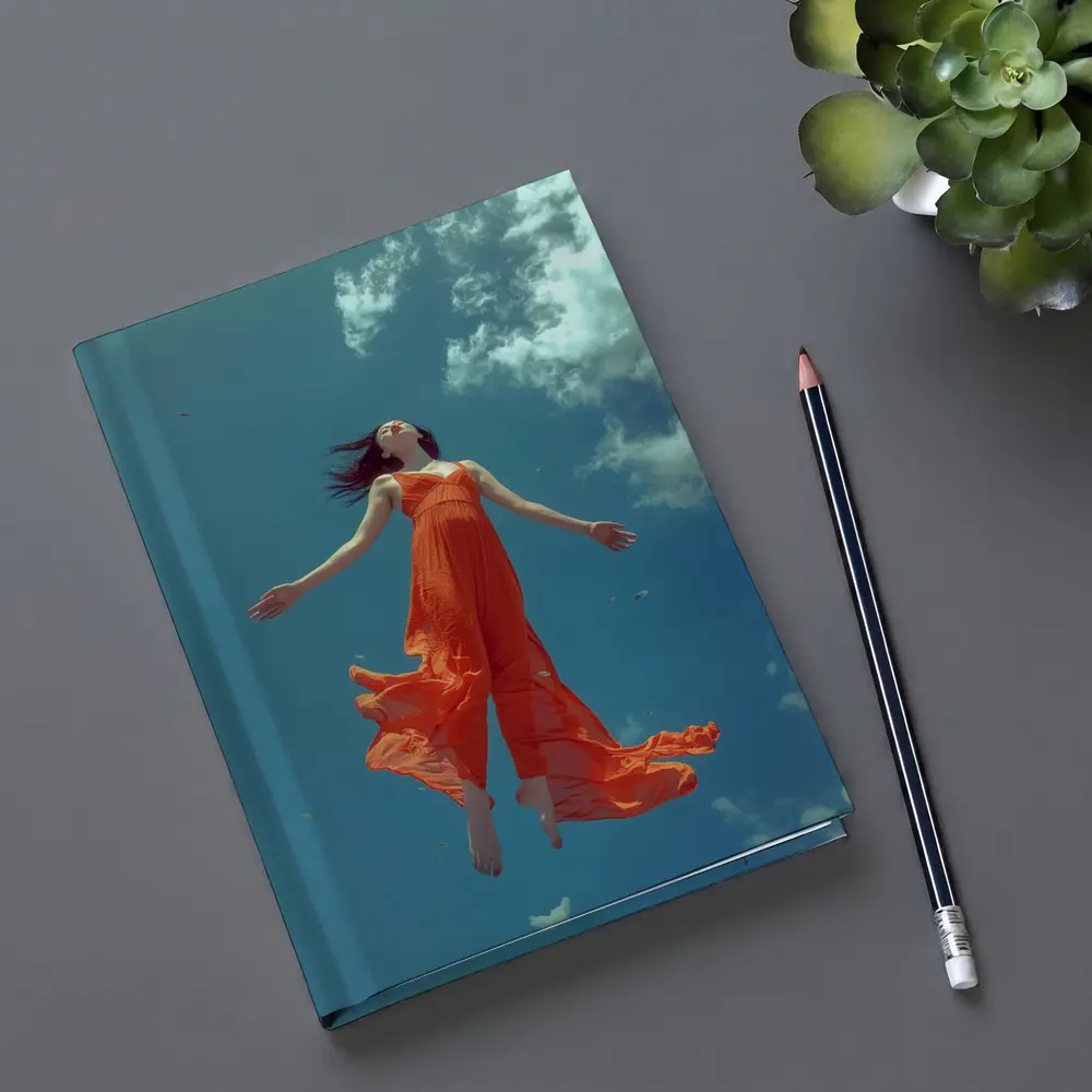 Woman Floating in Blue Sky Orange Dress – Notebooks