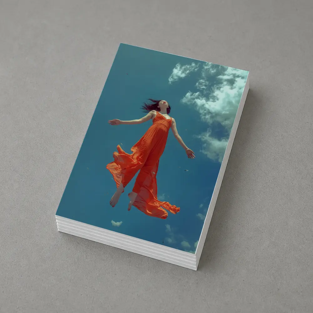 Woman Floating in Blue Sky Orange Dress – Postcards