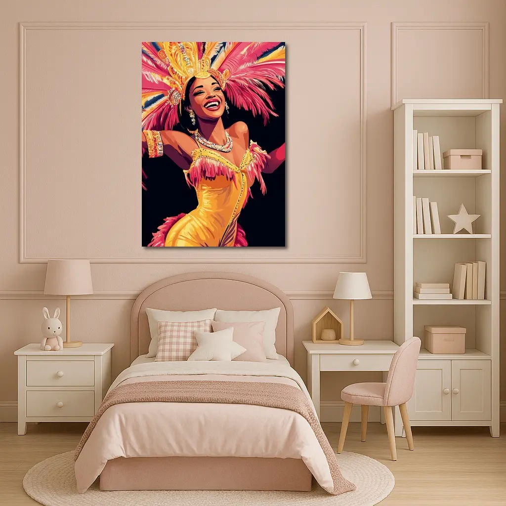 Samba Dancer Yellow Costume Feathers Black Background – Wall Art