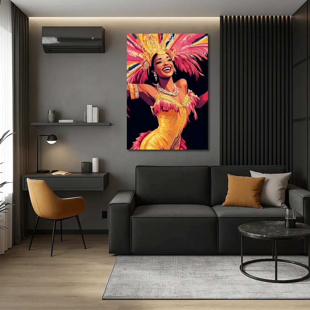Samba Dancer Yellow Costume Feathers Black Background – Wall Art