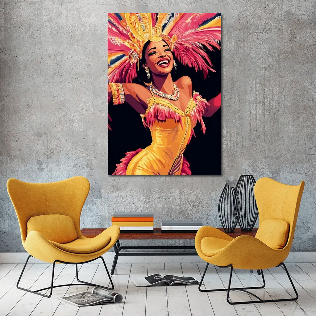 Samba Dancer Yellow Costume Feathers Black Background – Wall Art