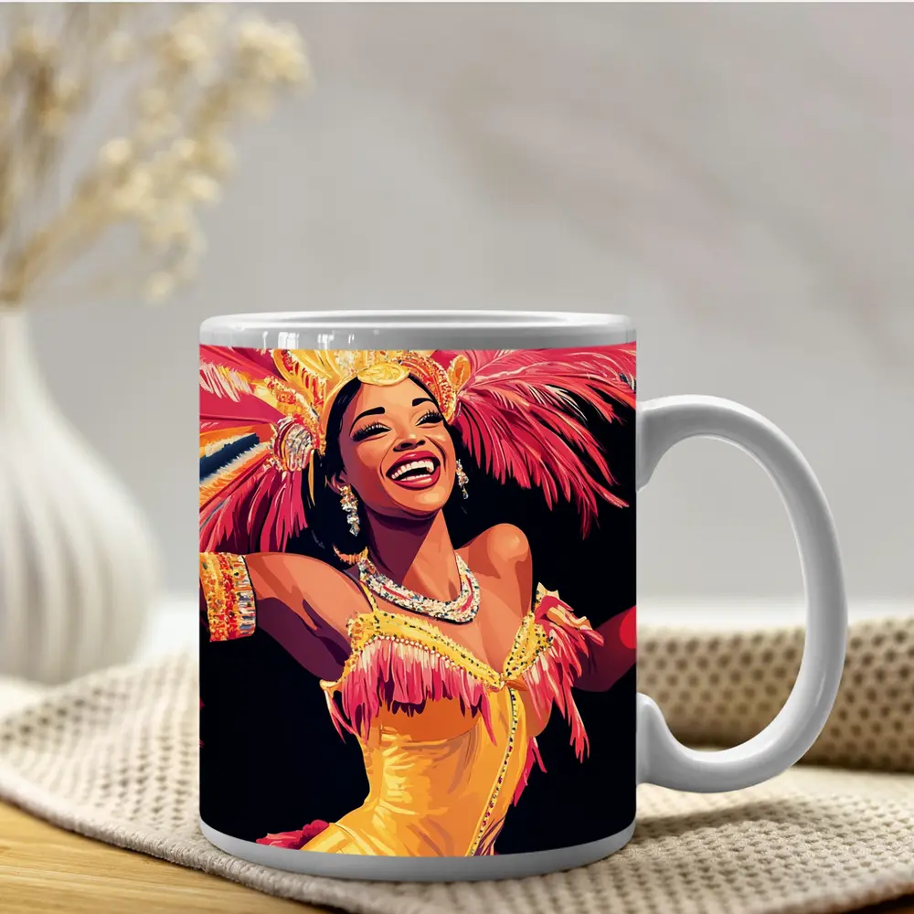 Samba Dancer Yellow Costume Feathers Black Background – Mugs