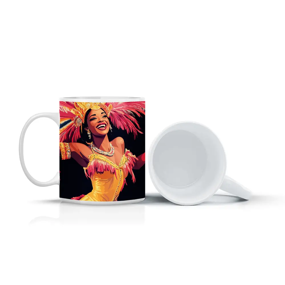 Samba Dancer Yellow Costume Feathers Black Background – Mugs