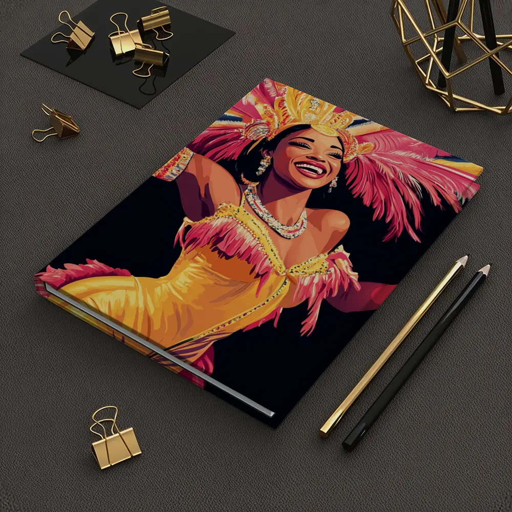 Samba Dancer Yellow Costume Feathers Black Background – Notebooks