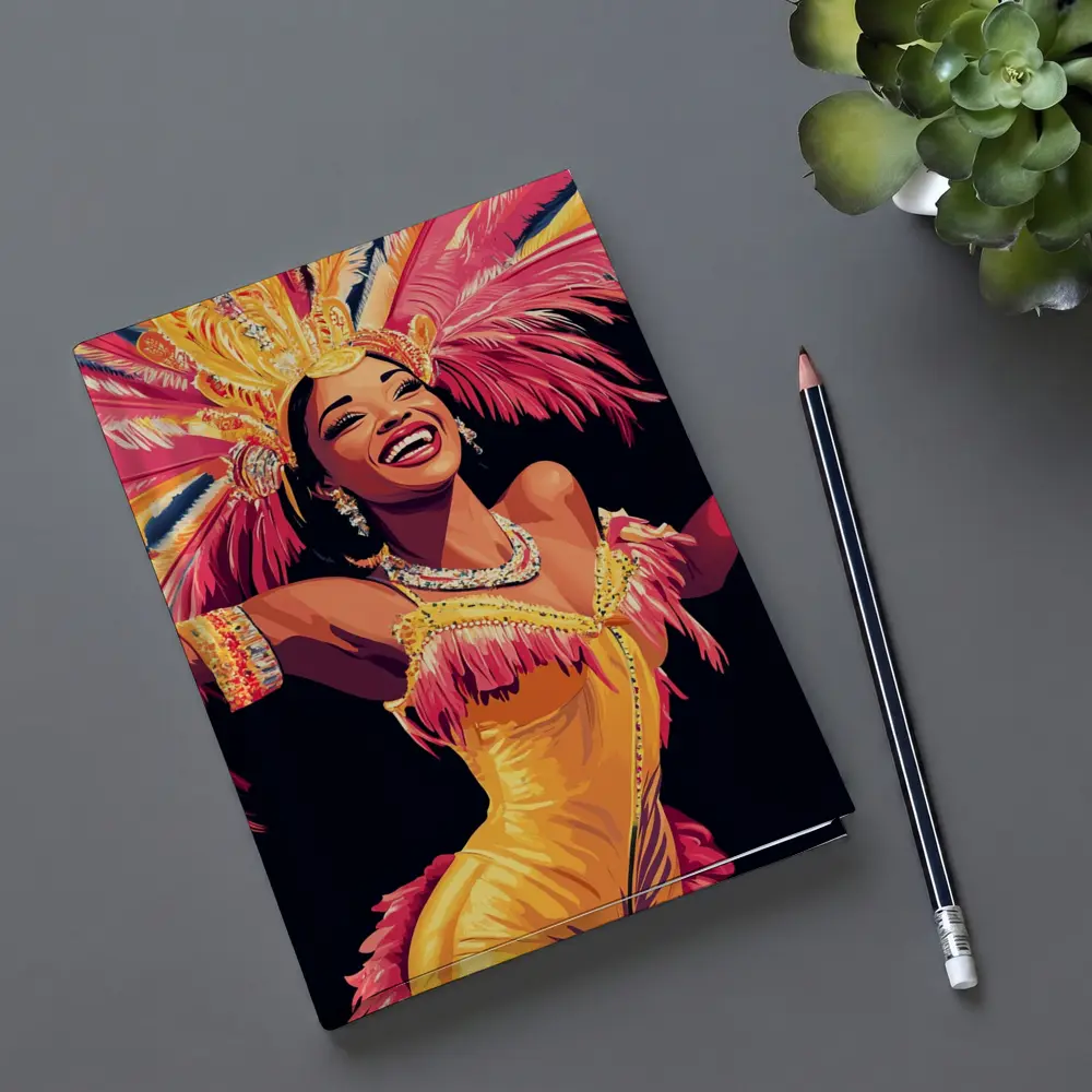 Samba Dancer Yellow Costume Feathers Black Background – Notebooks