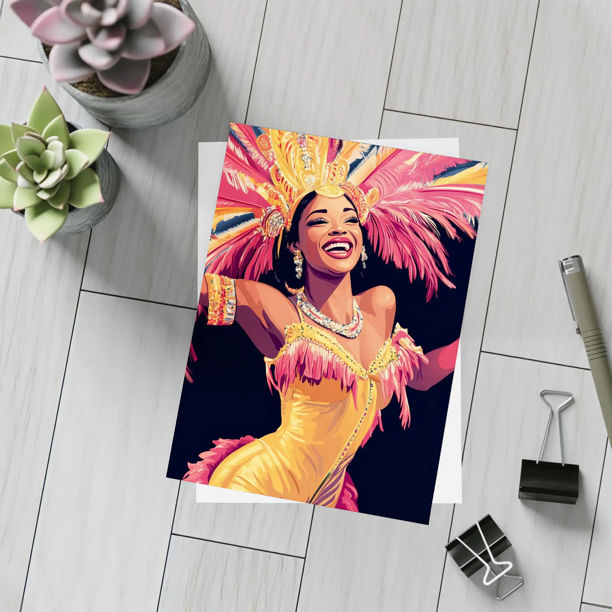 Samba Dancer Yellow Costume Feathers Black Background – Postcards