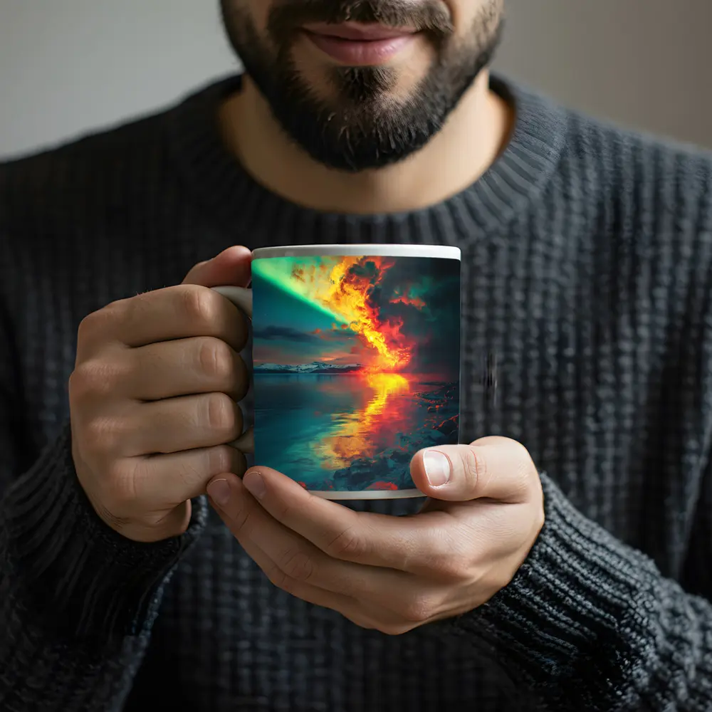 Aurora Fire Explosion Over Arctic Lake – Mugs