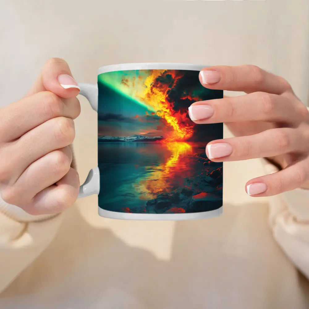 Aurora Fire Explosion Over Arctic Lake – Mugs