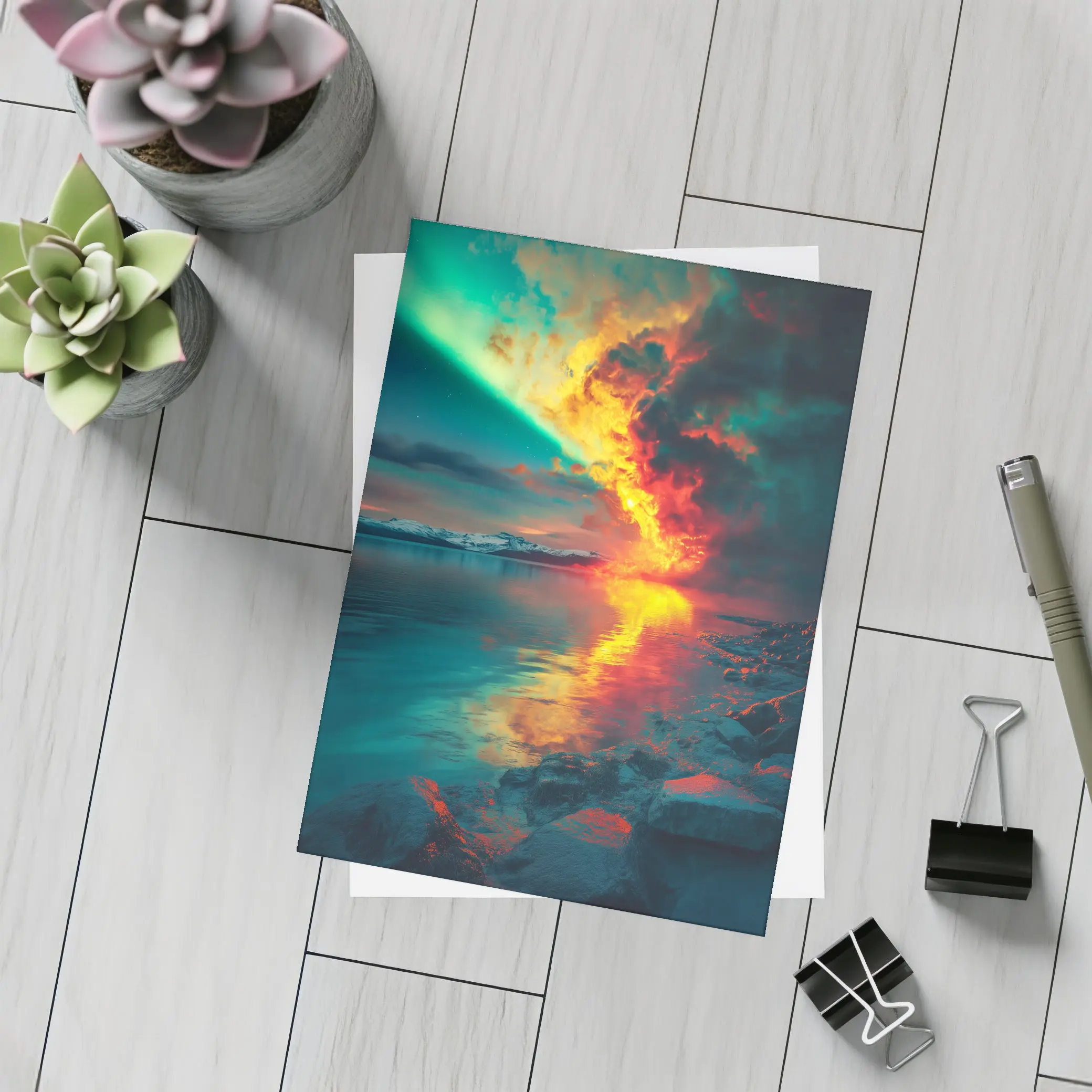 Aurora Fire Explosion Over Arctic Lake – Postcards