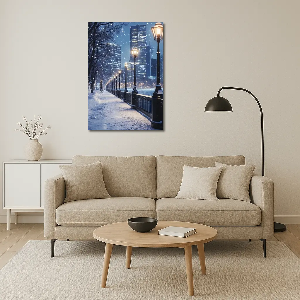 Snowy City Waterfront Walk At Night – Wall Art