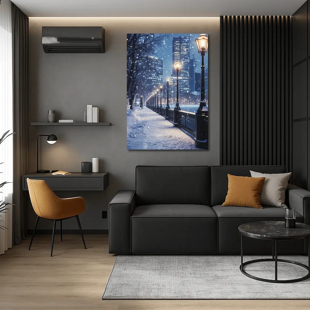 Snowy City Waterfront Walk At Night – Wall Art