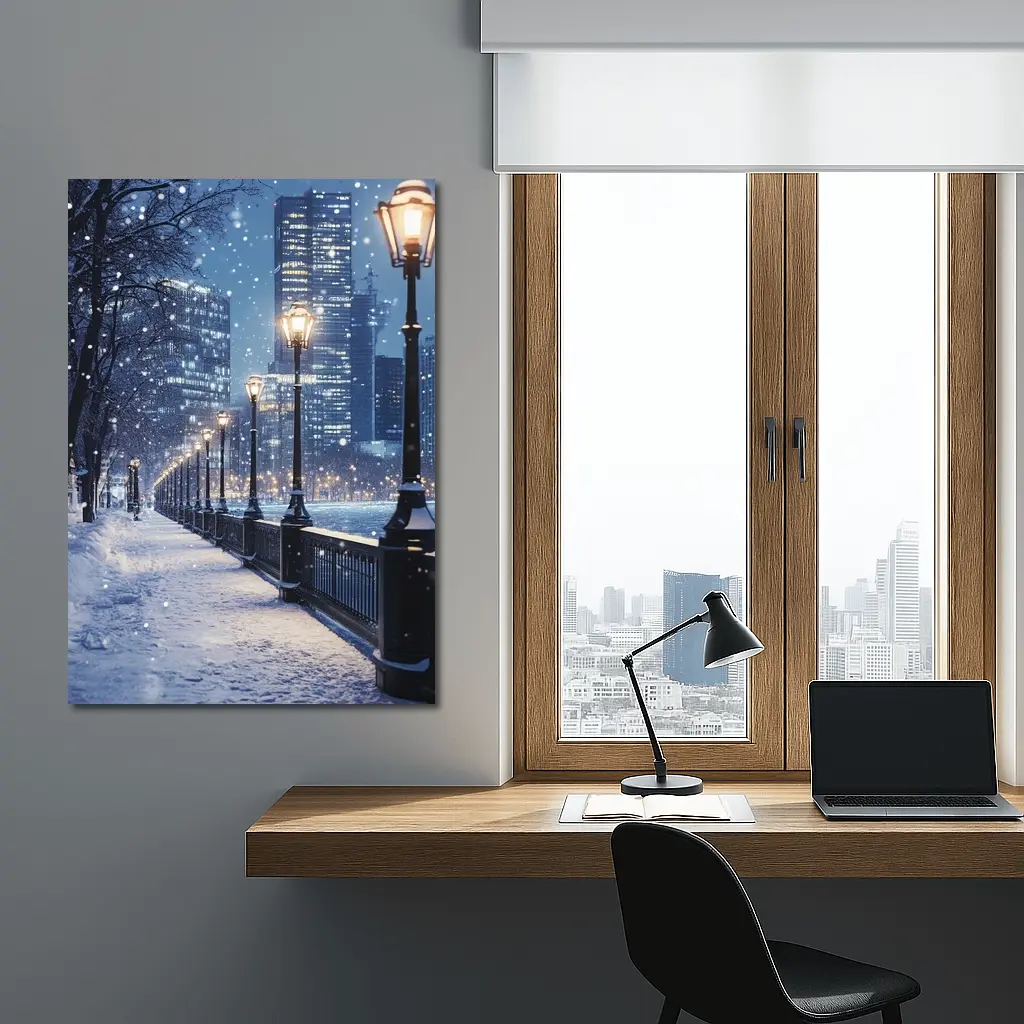 Snowy City Waterfront Walk At Night – Wall Art