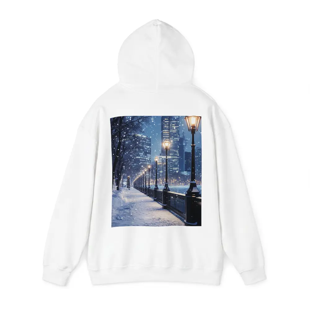 Snowy City Waterfront Walk At Night – Hoodies