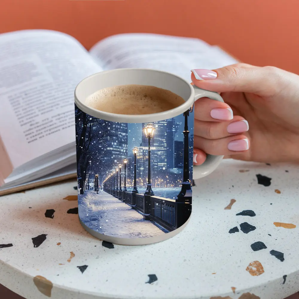 Snowy City Waterfront Walk At Night – Mugs