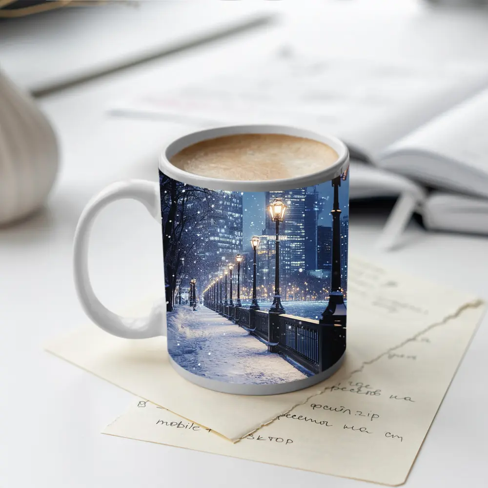 Snowy City Waterfront Walk At Night – Mugs
