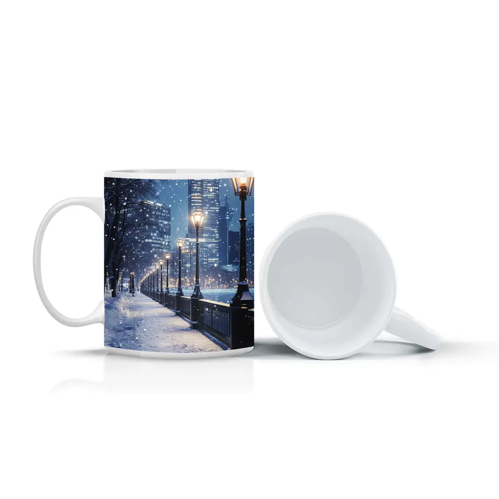 Snowy City Waterfront Walk At Night – Mugs