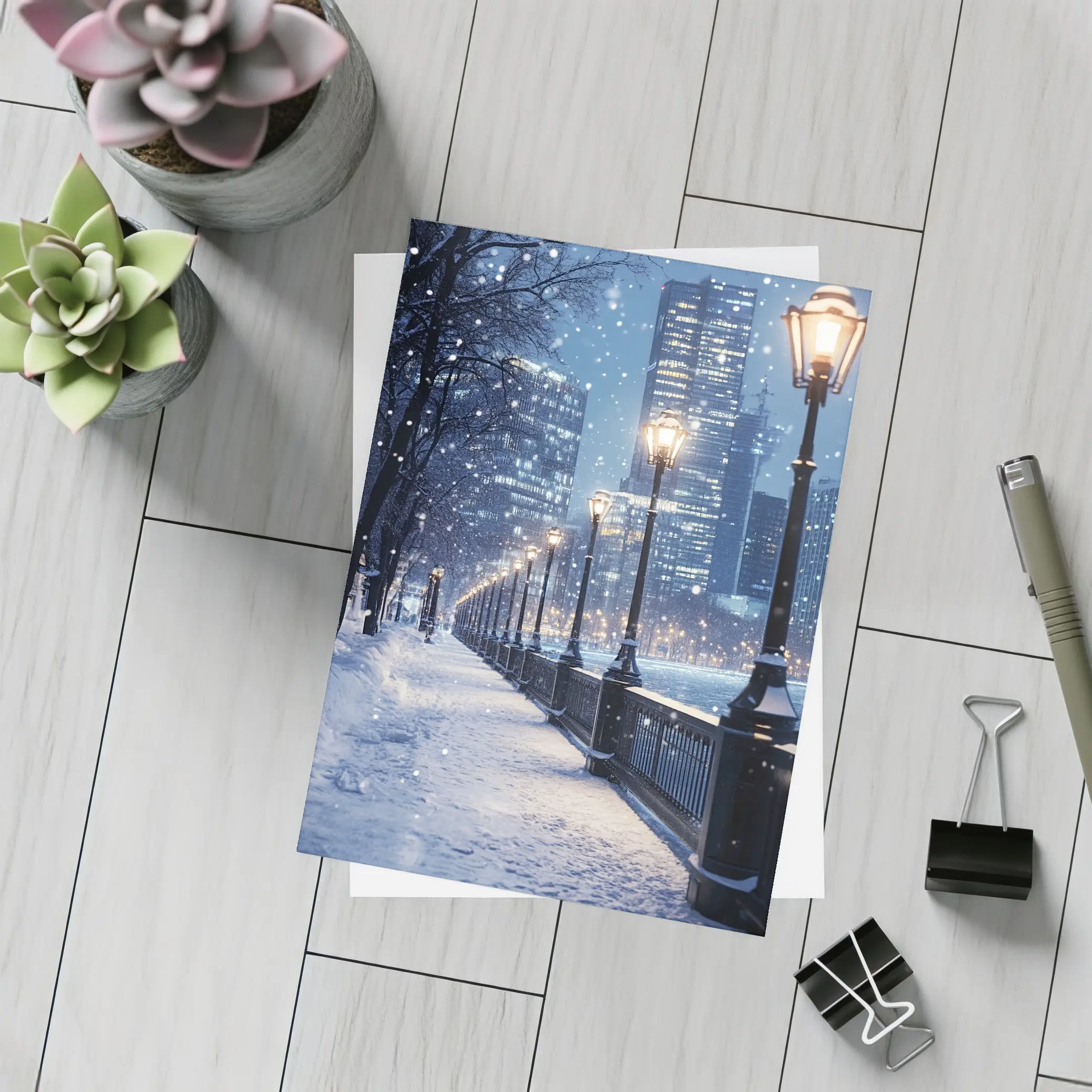 Snowy City Waterfront Walk At Night – Postcards