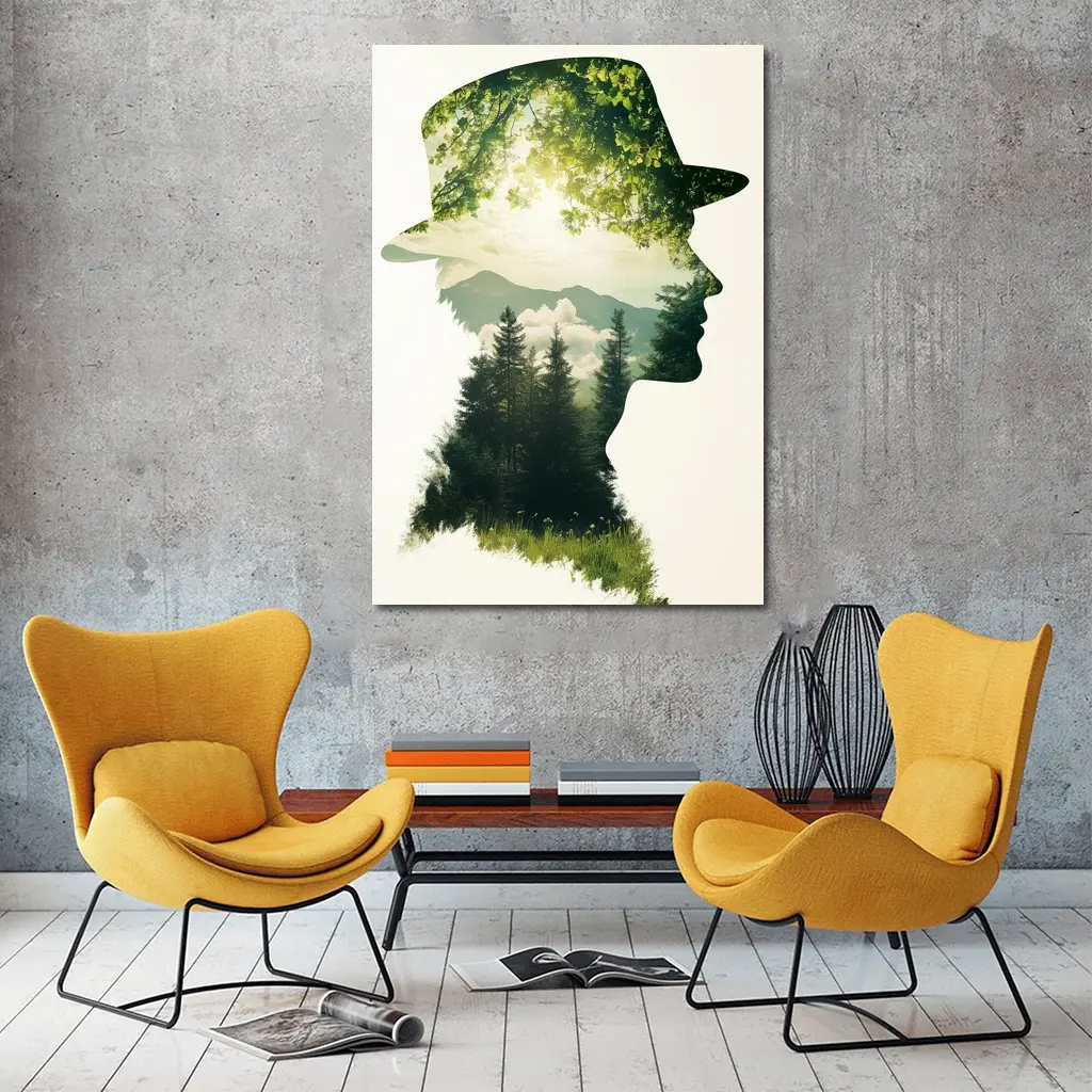 Double Exposure Man Forest Mountains Nature – Wall Art