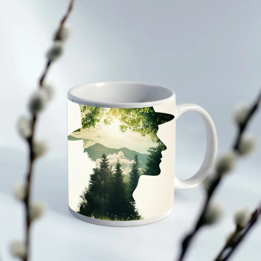 Double Exposure Man Forest Mountains Nature – Mugs
