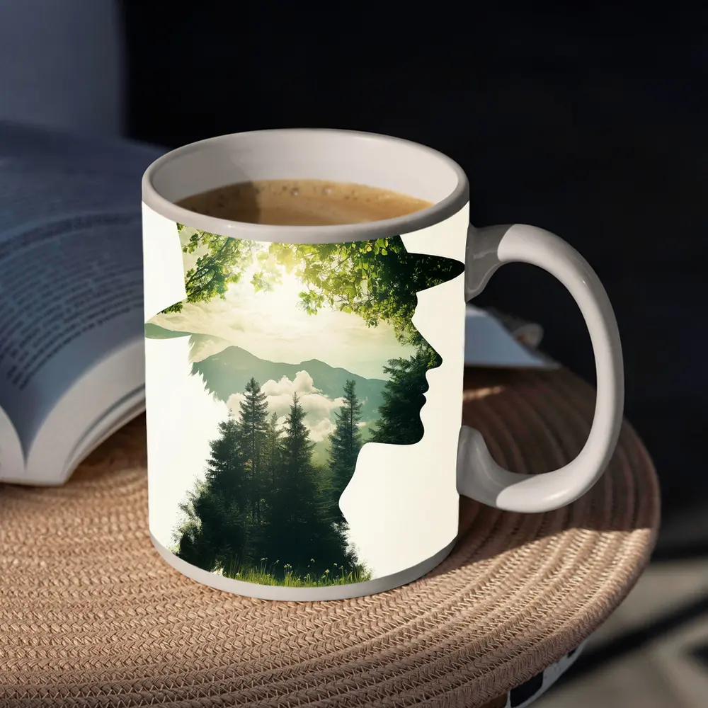 Double Exposure Man Forest Mountains Nature – Mugs