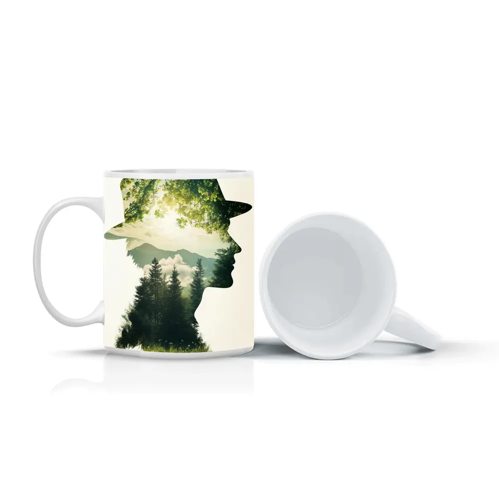 Double Exposure Man Forest Mountains Nature – Mugs