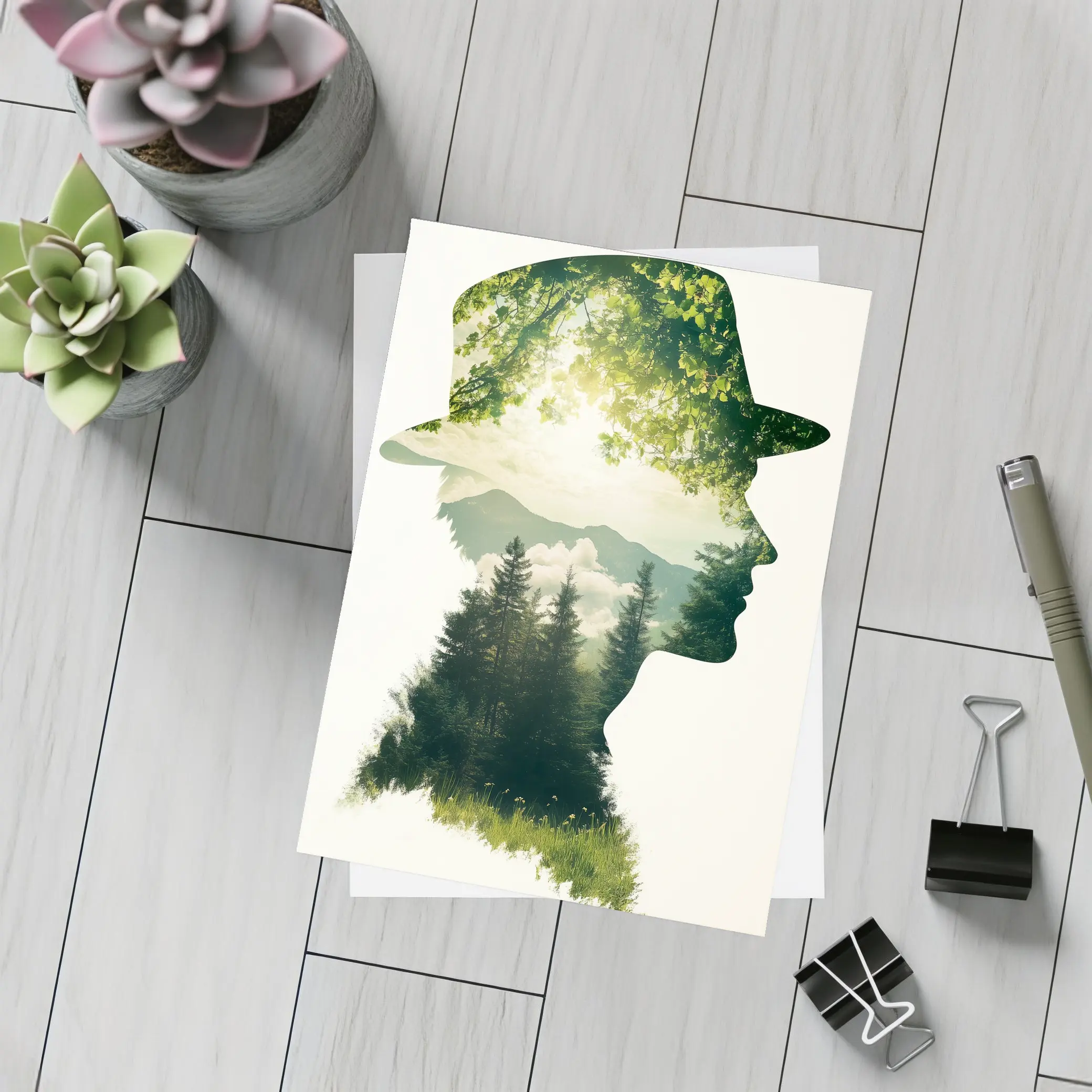 Double Exposure Man Forest Mountains Nature – Postcards