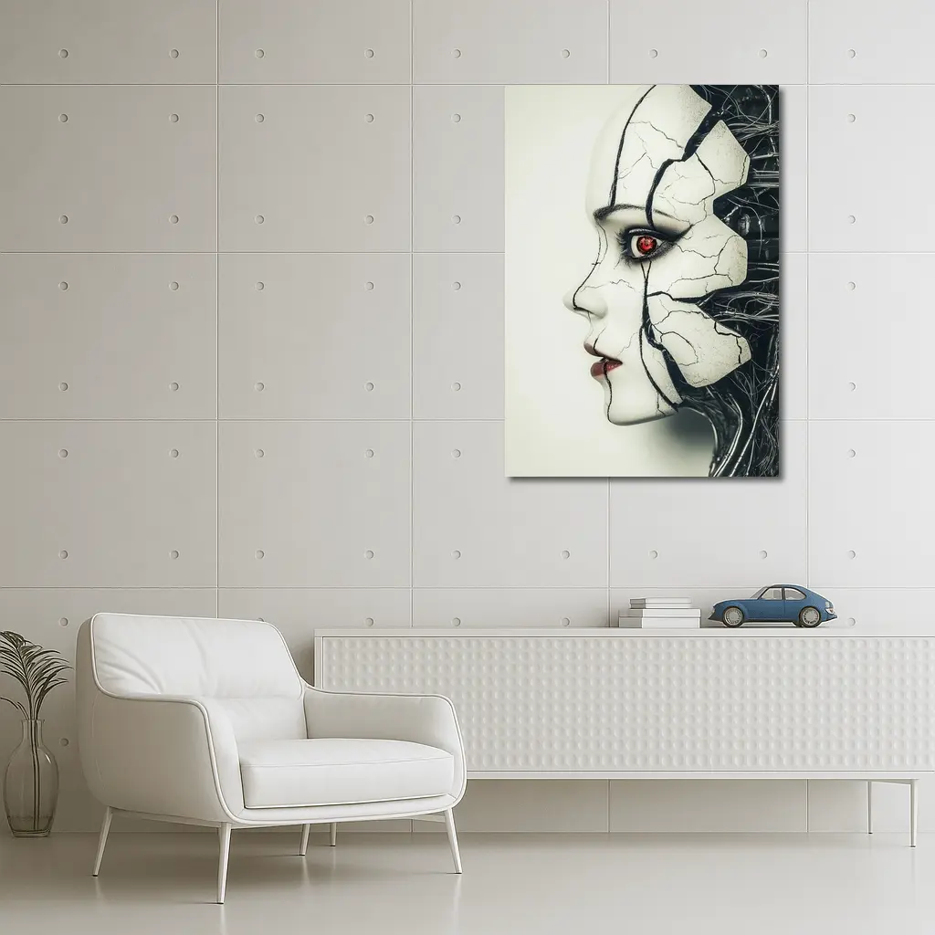 Cracked Porcelain Female Face Cyberpunk Art – Wall Art