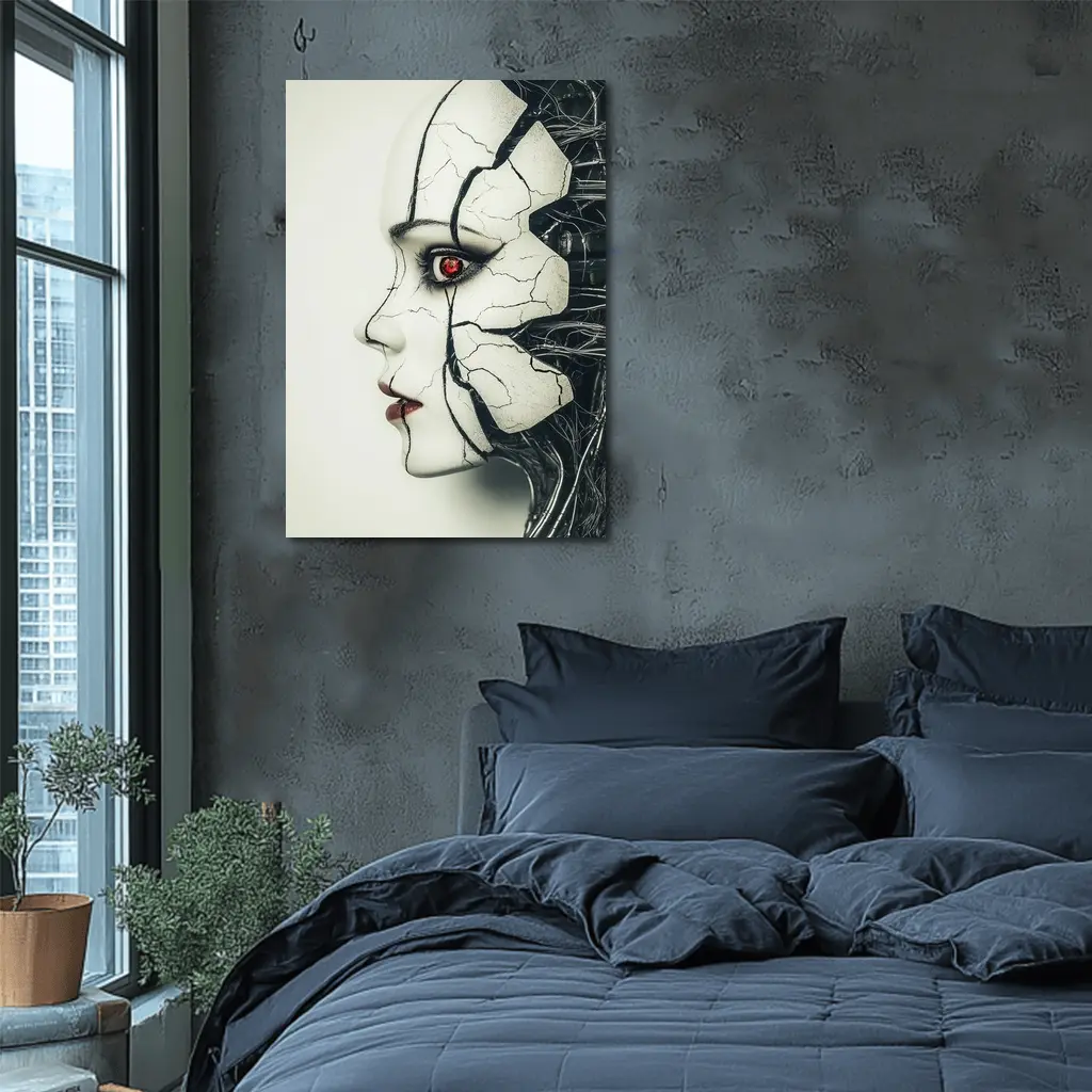 Cracked Porcelain Female Face Cyberpunk Art – Wall Art