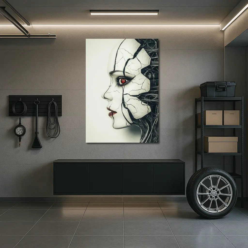 Cracked Porcelain Female Face Cyberpunk Art – Wall Art