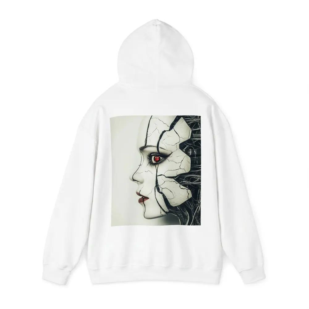 Cracked Porcelain Female Face Cyberpunk Art – Hoodies