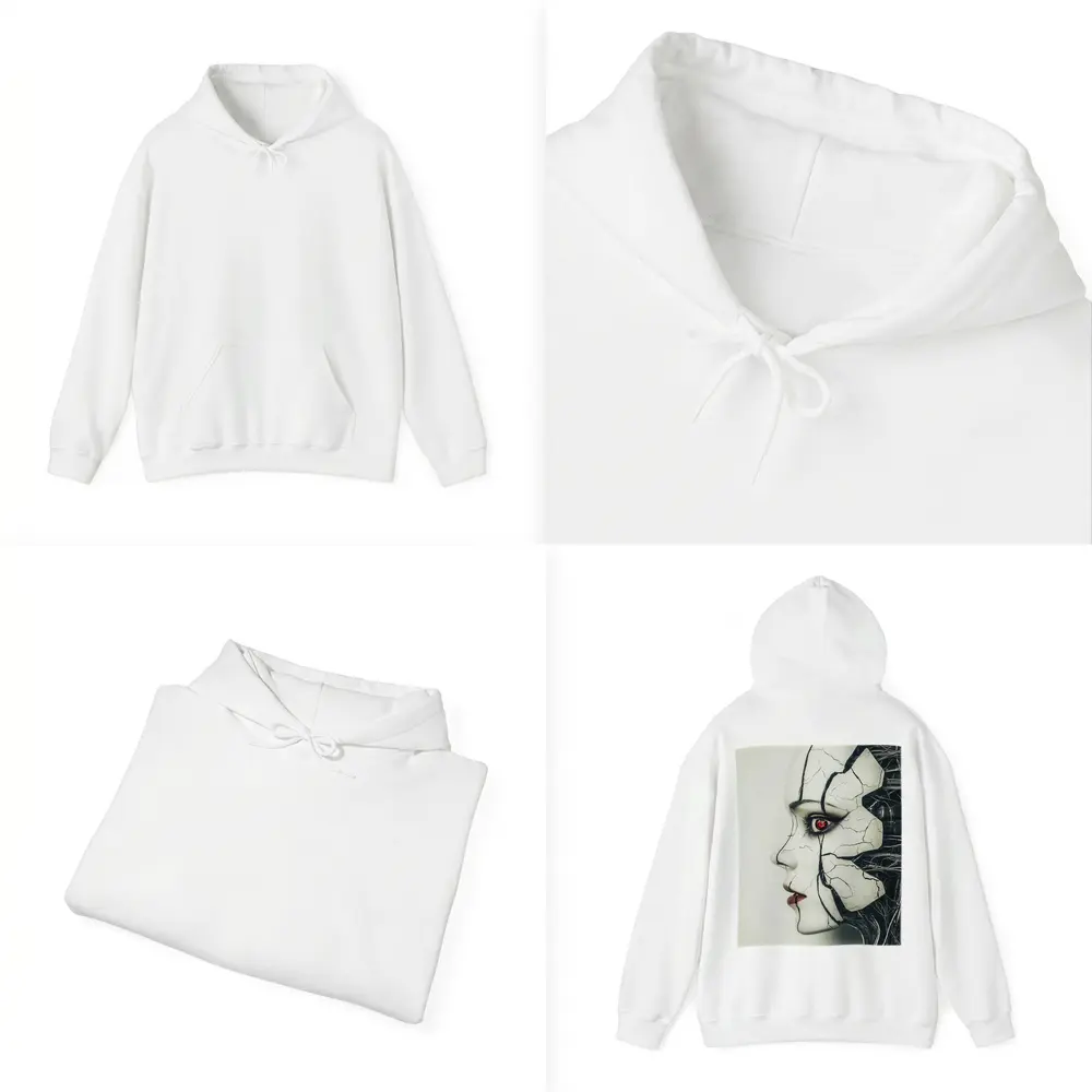 Cracked Porcelain Female Face Cyberpunk Art – Hoodies
