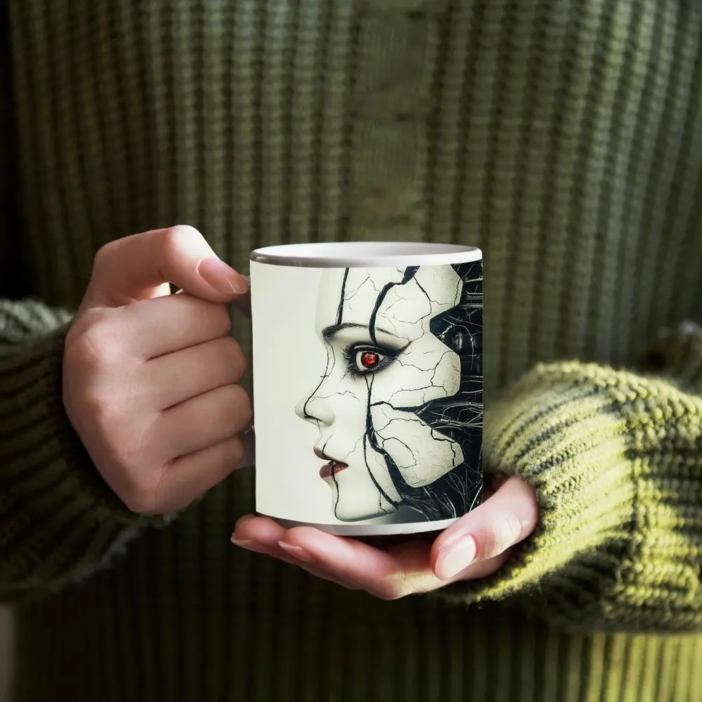 Cracked Porcelain Female Face Cyberpunk Art – Mugs