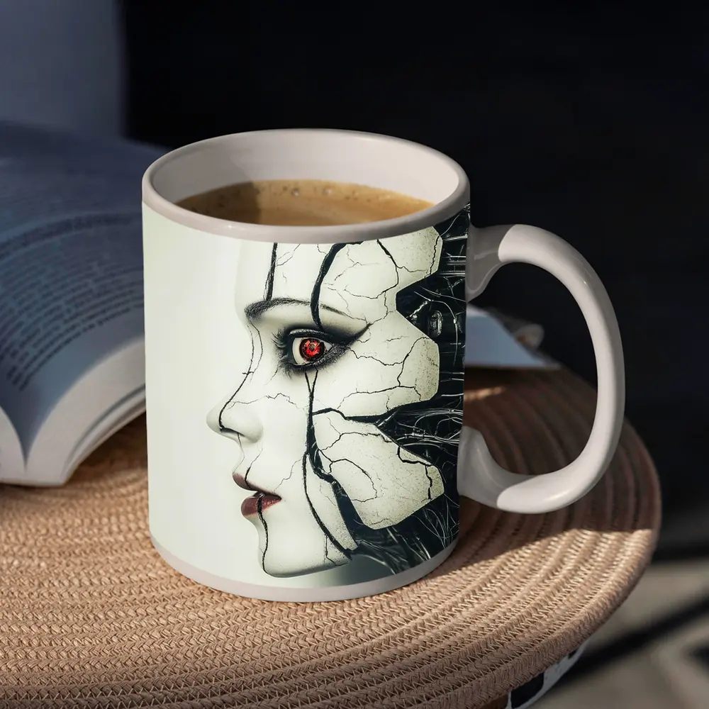 Cracked Porcelain Female Face Cyberpunk Art – Mugs